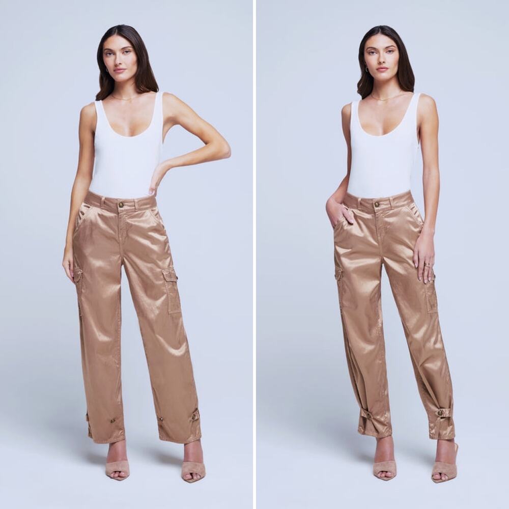 L'AGENCE Wyatt High Rise Satin Cargo Pants Sz 30 Beige Champagne‎ Wide Leg Silky